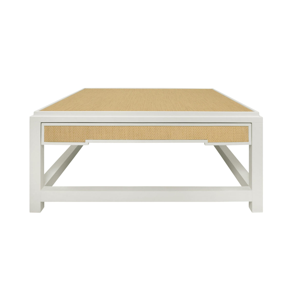 Worlds Away Two Hidden Drawer Coffee Table With Matte White Lacquer Frame And Inset Natural Grasscloth