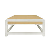 Worlds Away Two Hidden Drawer Coffee Table With Matte White Lacquer Frame And Inset Natural Grasscloth