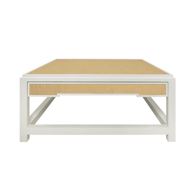 Worlds Away Two Hidden Drawer Coffee Table With Matte White Lacquer Frame And Inset Natural Grasscloth