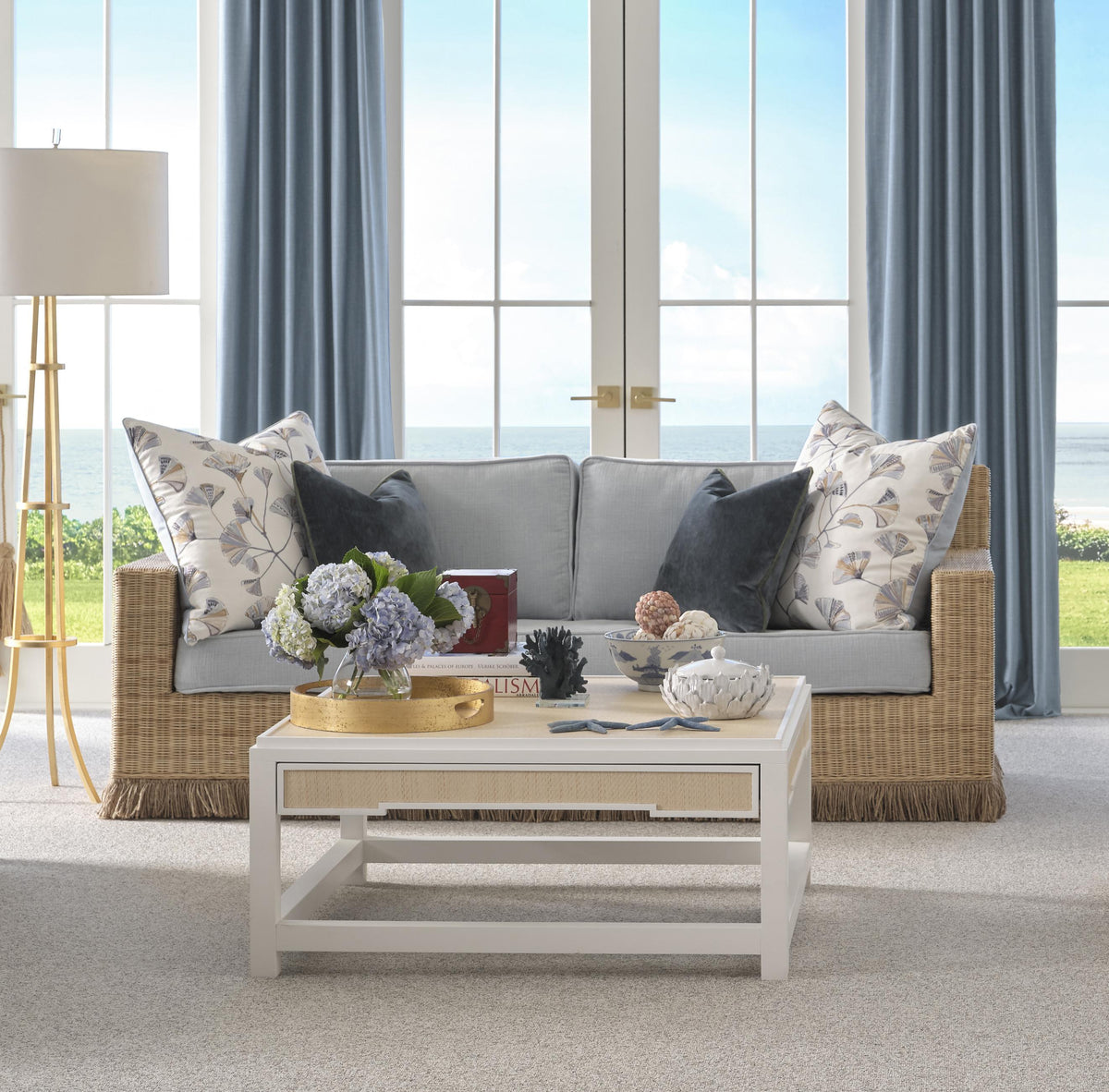 Worlds Away Two Hidden Drawer Coffee Table With Matte White Lacquer Frame And Inset Natural Grasscloth