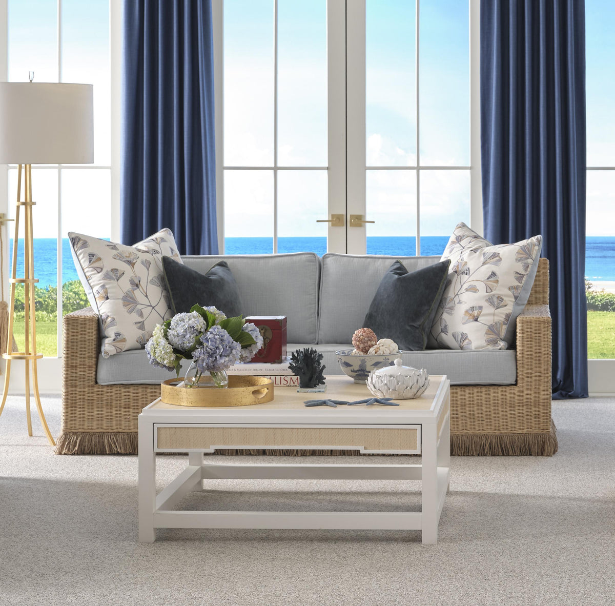 Worlds Away Two Hidden Drawer Coffee Table With Matte White Lacquer Frame And Inset Natural Grasscloth