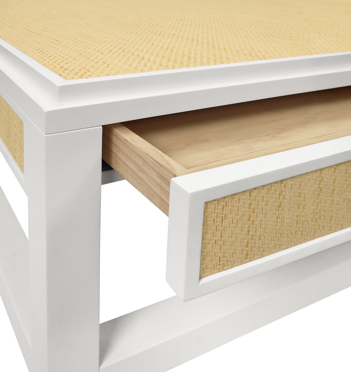 Worlds Away Two Hidden Drawer Coffee Table With Matte White Lacquer Frame And Inset Natural Grasscloth