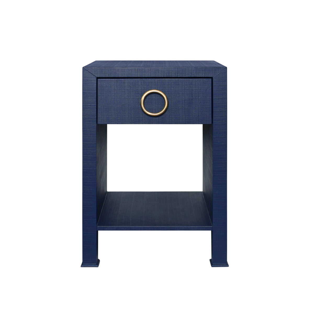 Worlds Away One Drawer Side Table With Antique Brass Circle Hardware In Textured Navy Linen