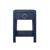 Worlds Away One Drawer Side Table With Antique Brass Circle Hardware In Textured Navy Linen