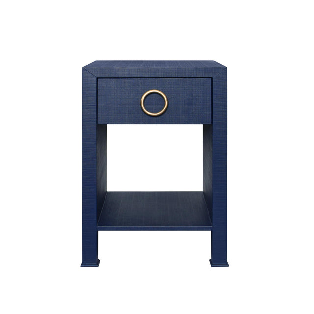 Worlds Away One Drawer Side Table With Antique Brass Circle Hardware In Textured Navy Linen