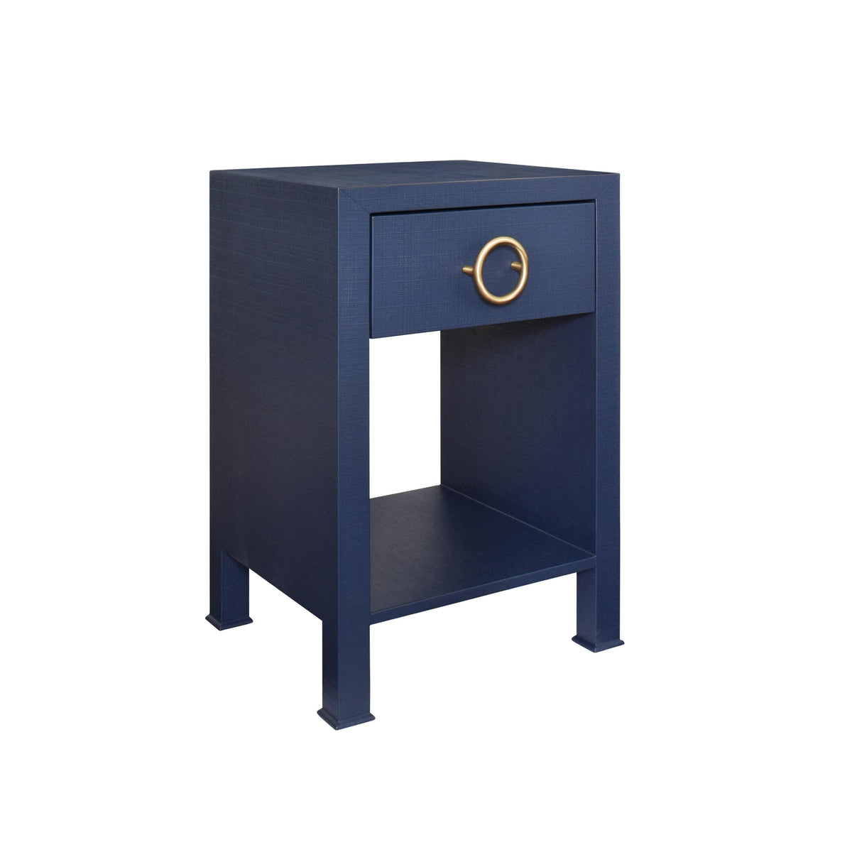 Worlds Away One Drawer Side Table With Antique Brass Circle Hardware In Textured Navy Linen