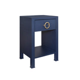 Worlds Away One Drawer Side Table With Antique Brass Circle Hardware In Textured Navy Linen