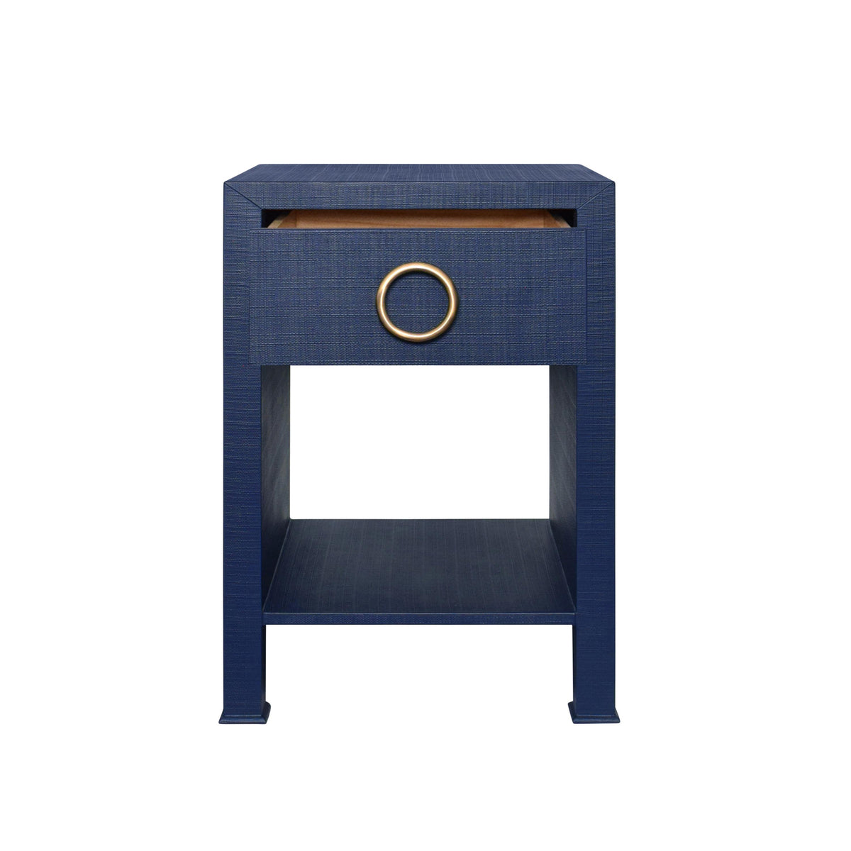 Worlds Away One Drawer Side Table With Antique Brass Circle Hardware In Textured Navy Linen