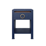 Worlds Away One Drawer Side Table With Antique Brass Circle Hardware In Textured Navy Linen