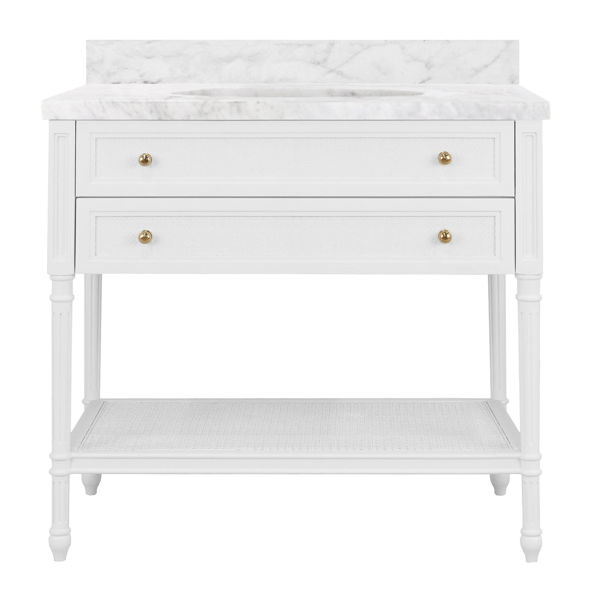 Worlds Away Bath Vanity With Fluted Leg And Open Cane Shelf, One Opening Drawer (Bottom) With Painted Grasscloth Detail And Brass Ball Hardware In Matte White Lacquer