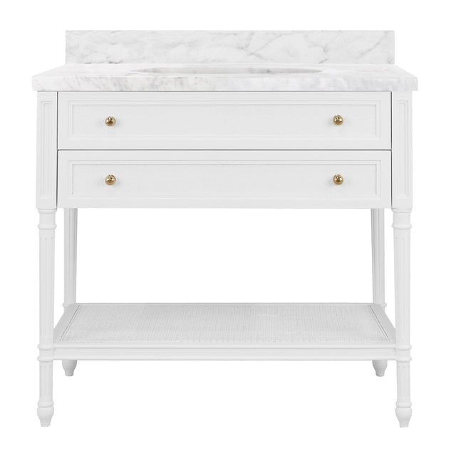 Worlds Away Bath Vanity With Fluted Leg And Open Cane Shelf, One Opening Drawer (Bottom) With Painted Grasscloth Detail And Brass Ball Hardware In Matte White Lacquer