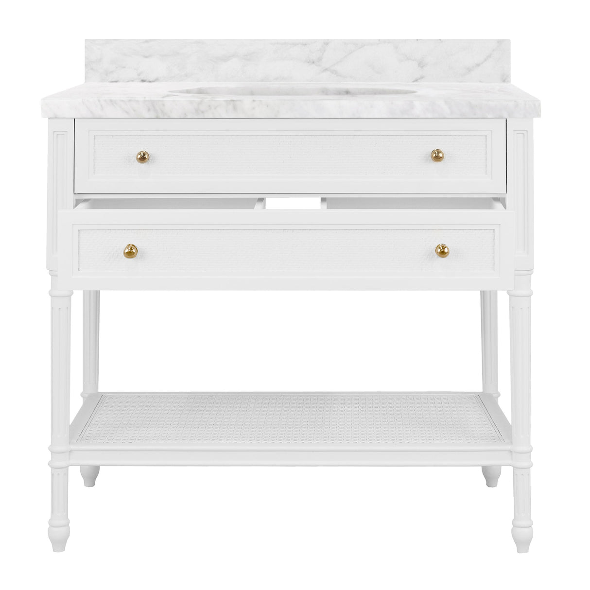 Worlds Away Bath Vanity With Fluted Leg And Open Cane Shelf, One Opening Drawer (Bottom) With Painted Grasscloth Detail And Brass Ball Hardware In Matte White Lacquer