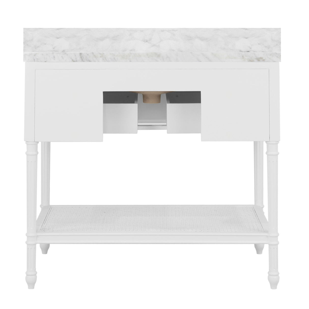 Worlds Away Bath Vanity With Fluted Leg And Open Cane Shelf, One Opening Drawer (Bottom) With Painted Grasscloth Detail And Brass Ball Hardware In Matte White Lacquer