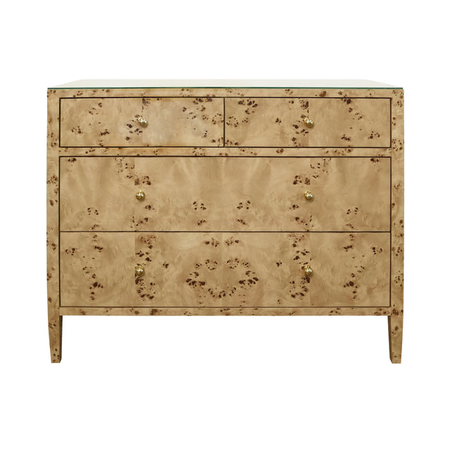 Worlds Away Four Drawer Chest In Burl Wood With Glass Top