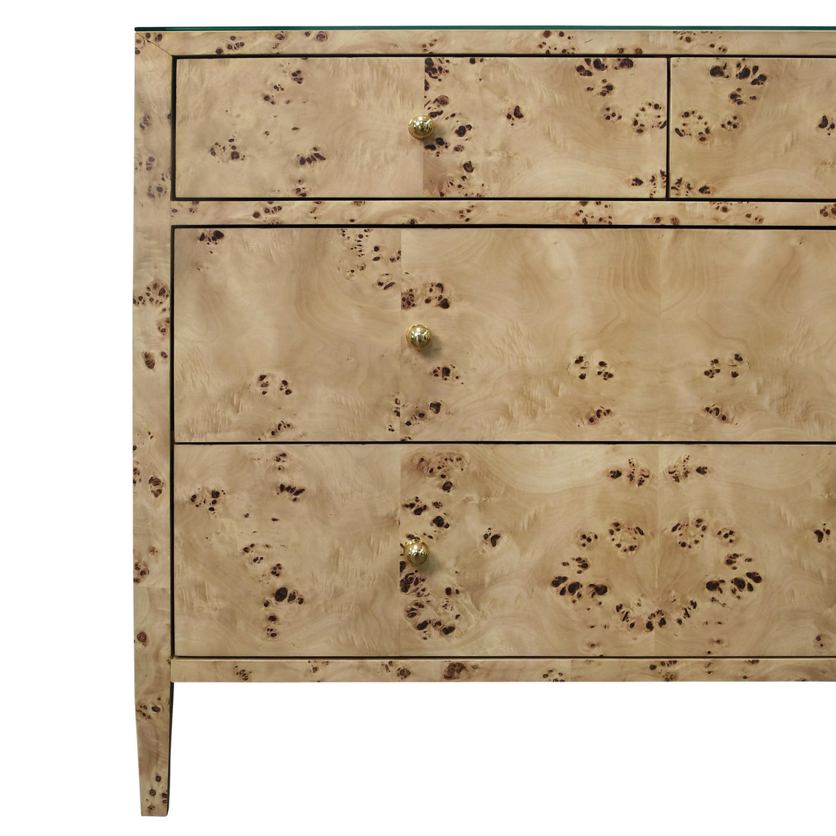 Worlds Away Four Drawer Chest In Burl Wood With Glass Top
