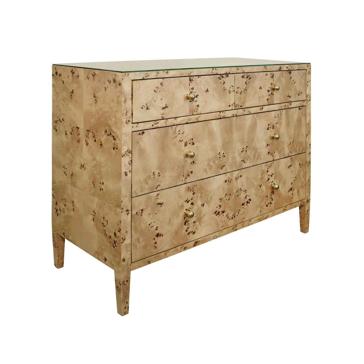 Worlds Away Four Drawer Chest In Burl Wood With Glass Top
