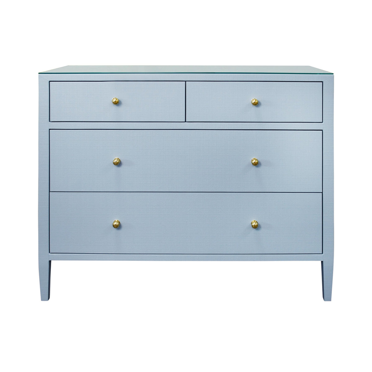 Worlds Away Four Drawer Chest In Textured Light Blue Linen With Glass Top