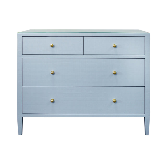 Worlds Away Four Drawer Chest In Textured Light Blue Linen With Glass Top