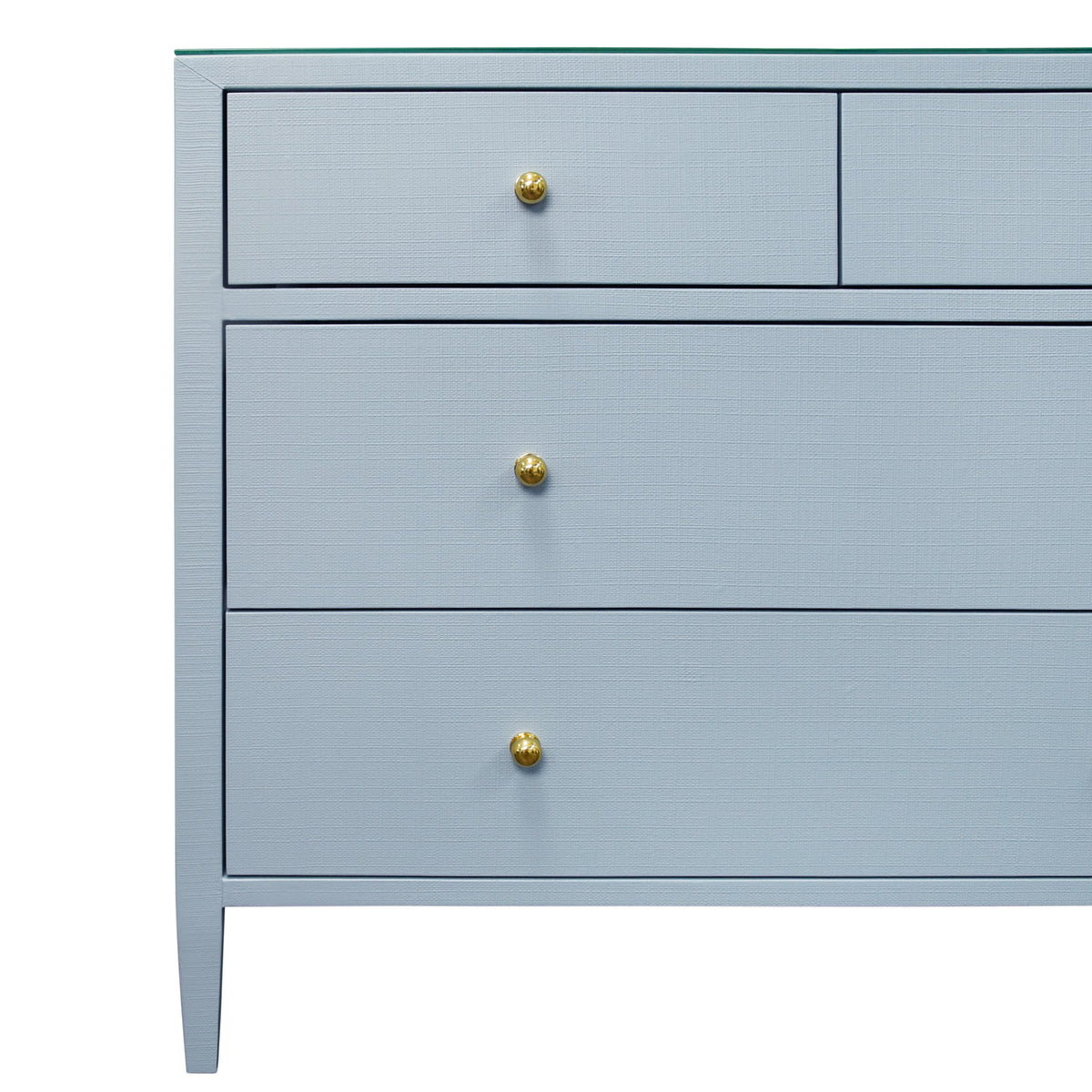 Worlds Away Four Drawer Chest In Textured Light Blue Linen With Glass Top