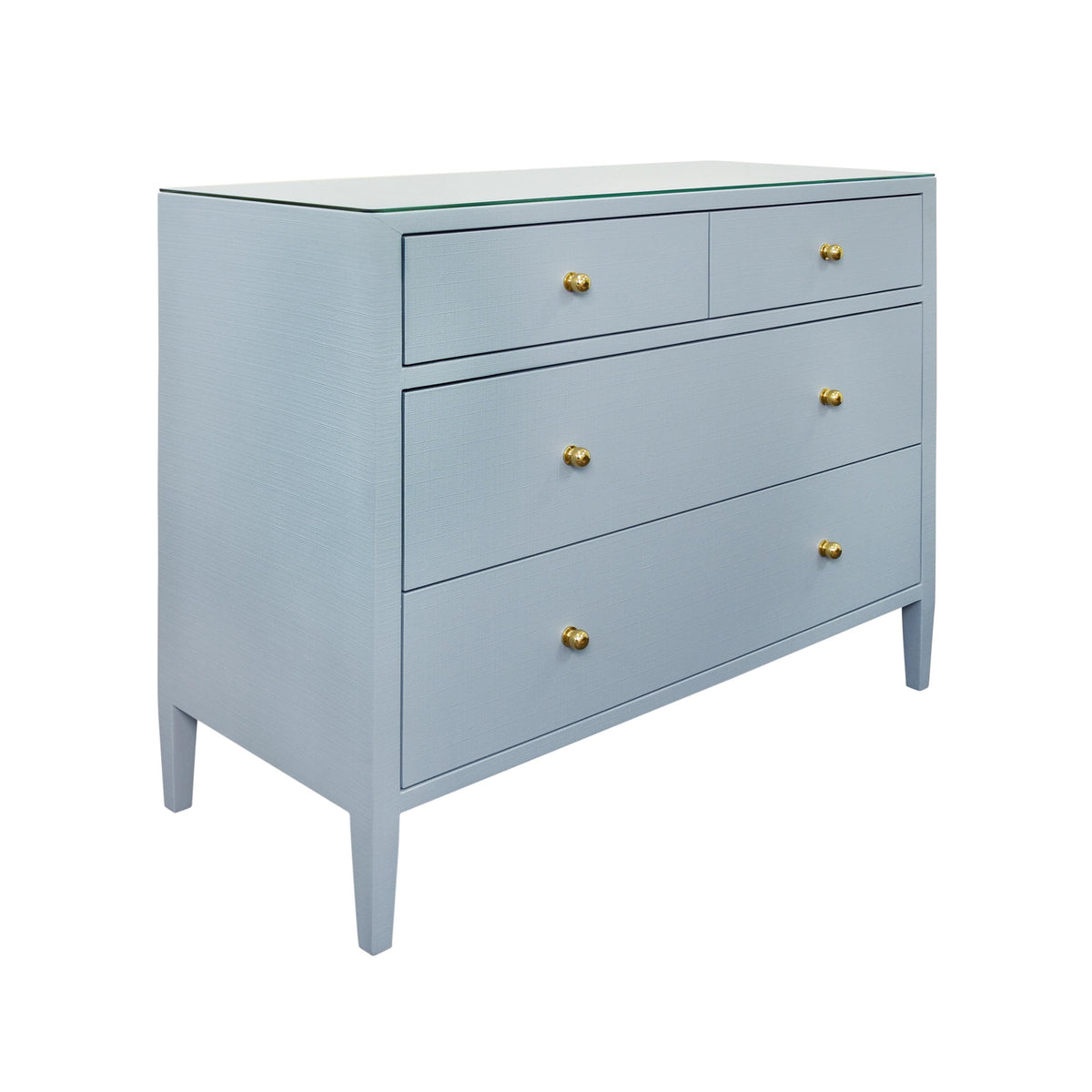 Worlds Away Four Drawer Chest In Textured Light Blue Linen With Glass Top