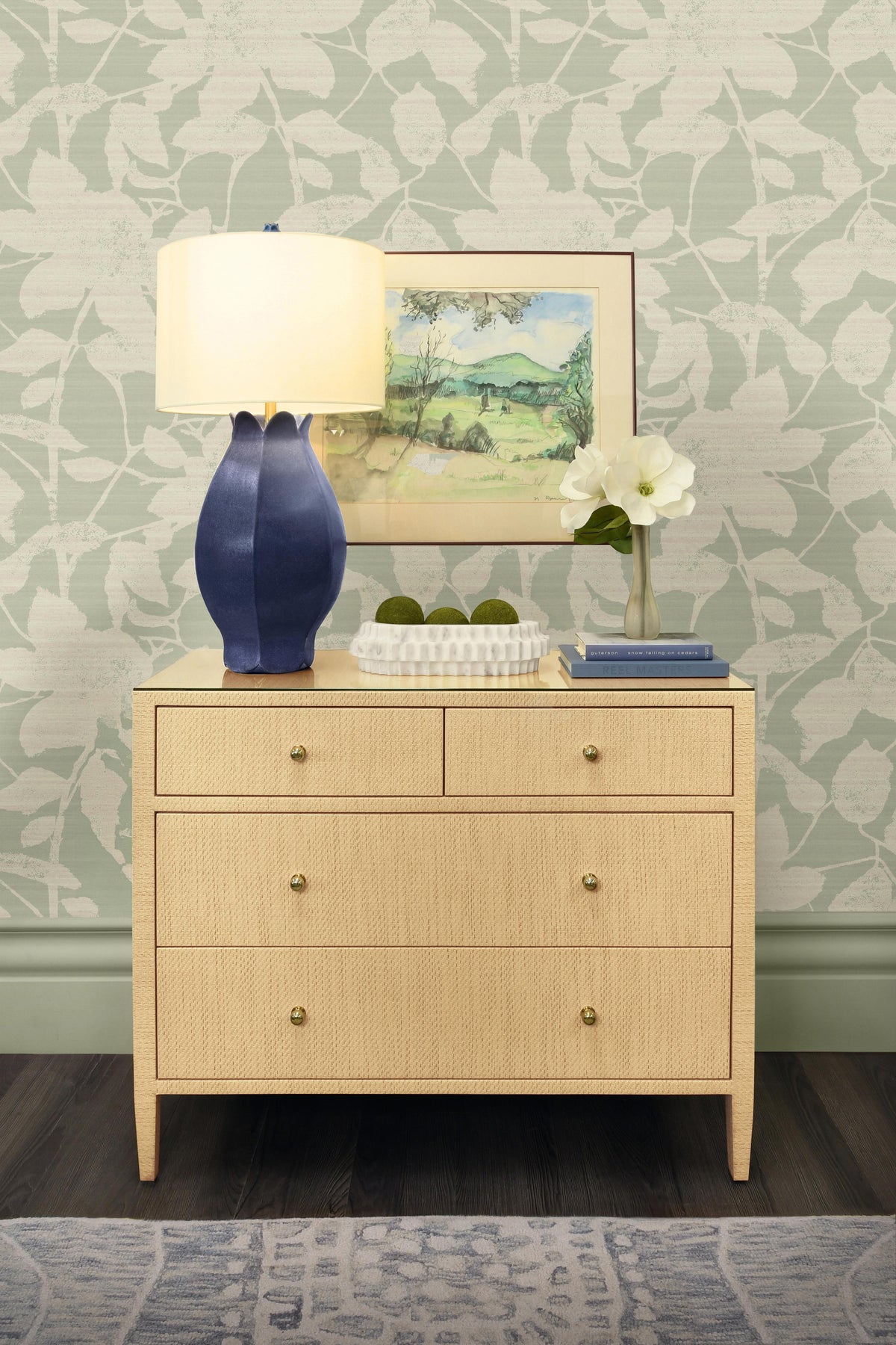 Worlds Away Four Drawer Chest In Natural Grasscloth With Glass Top