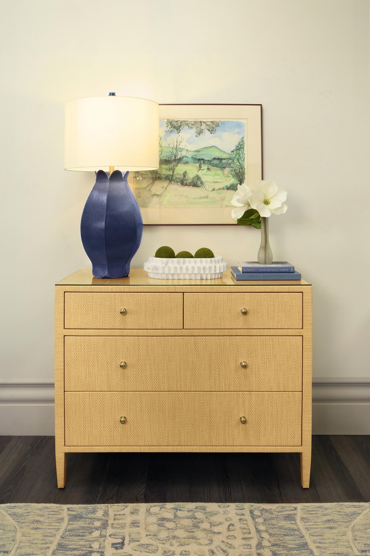 Worlds Away Four Drawer Chest In Natural Grasscloth With Glass Top