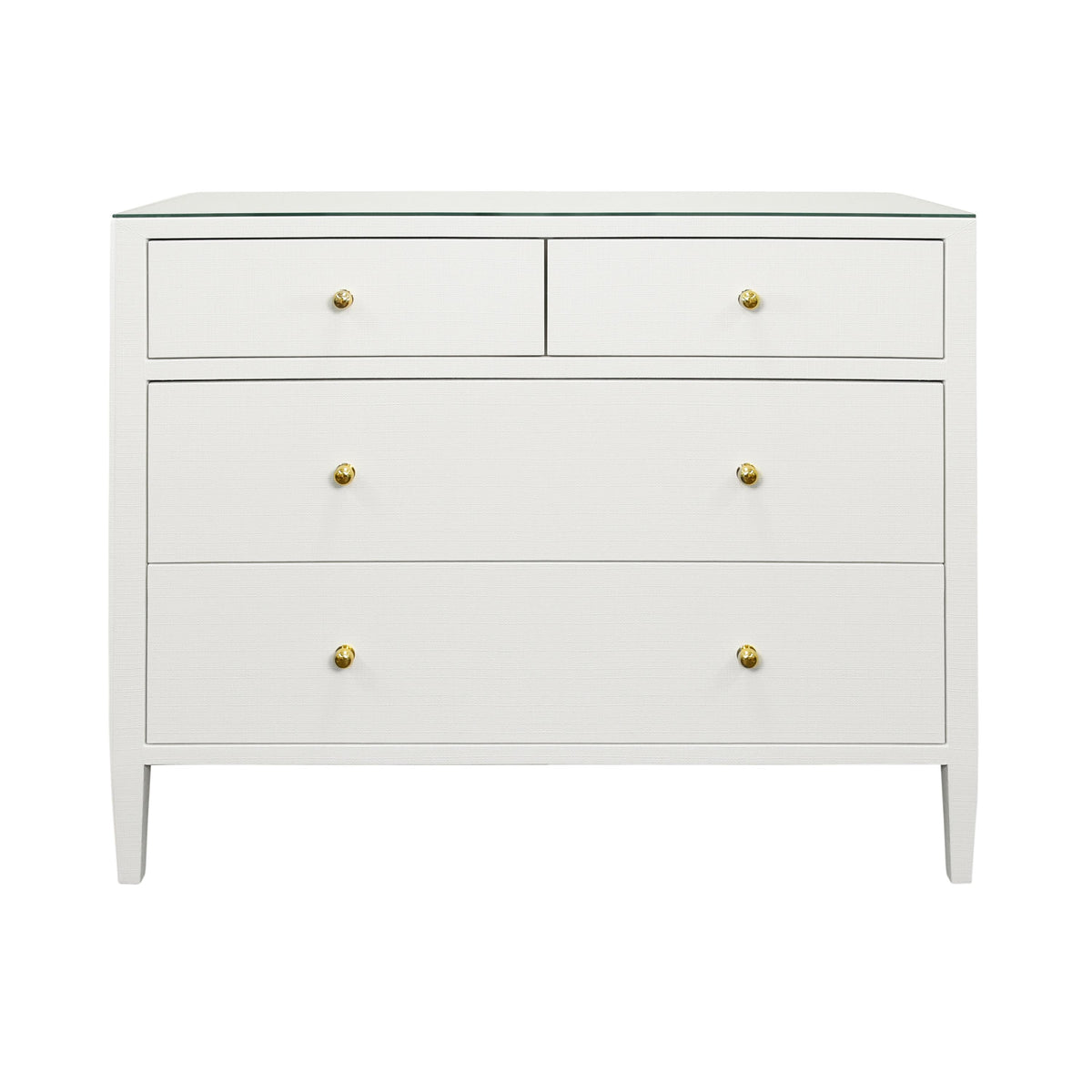 Worlds Away Four Drawer Chest In Textured White Linen With Glass Top