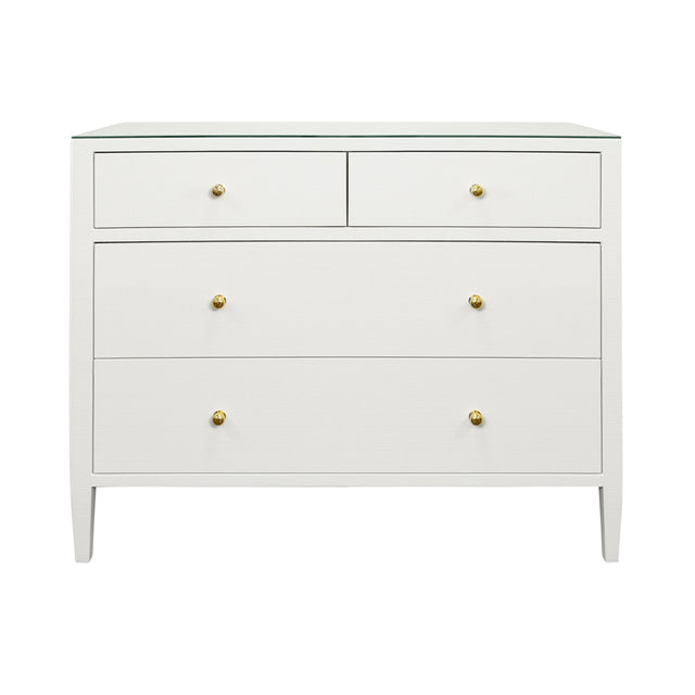 Worlds Away Four Drawer Chest In Textured White Linen With Glass Top