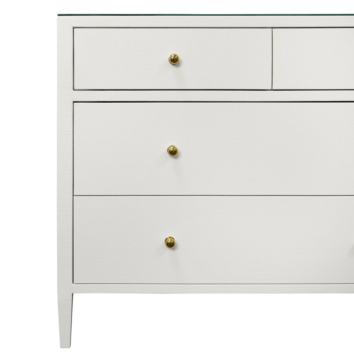 Worlds Away Four Drawer Chest In Textured White Linen With Glass Top