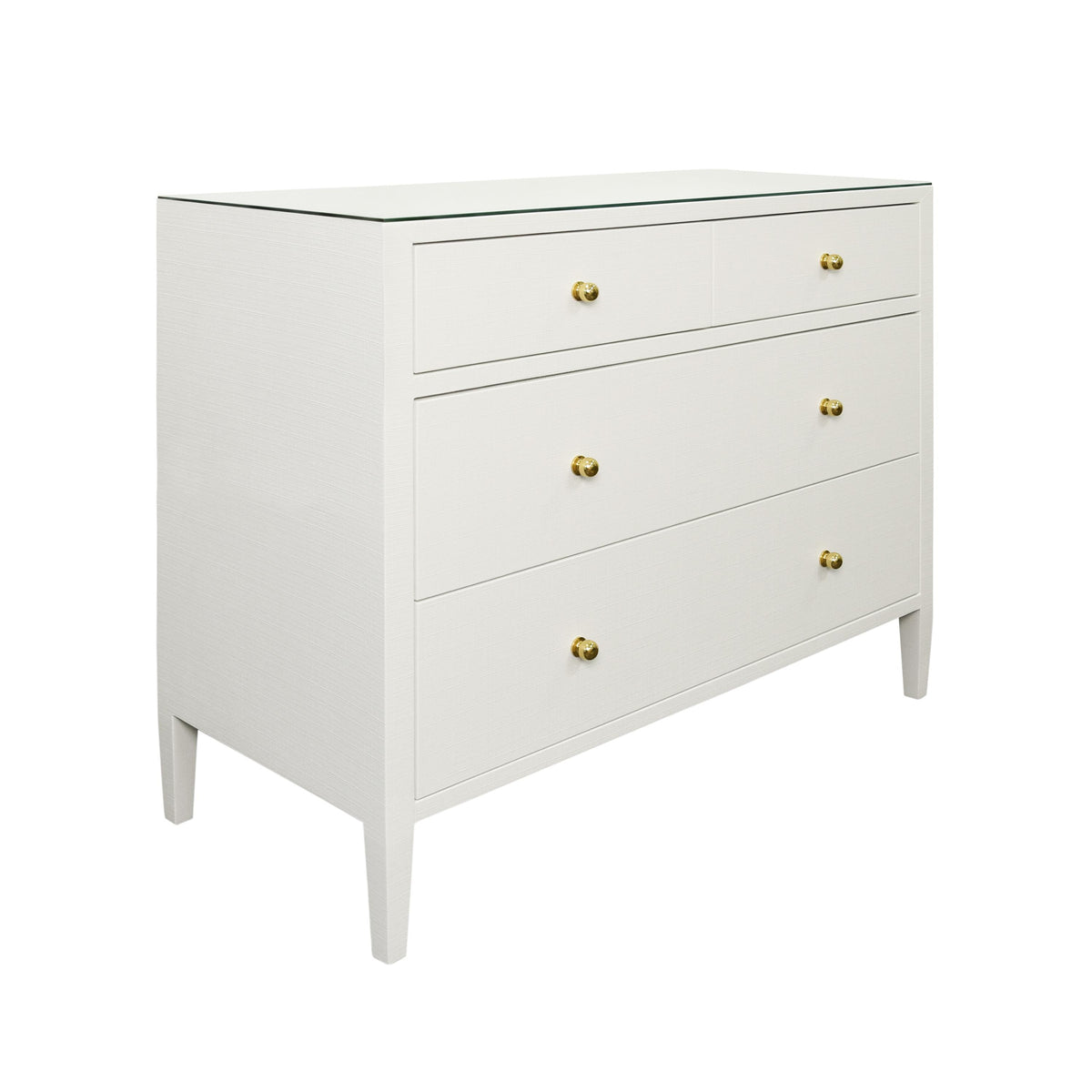Worlds Away Four Drawer Chest In Textured White Linen With Glass Top