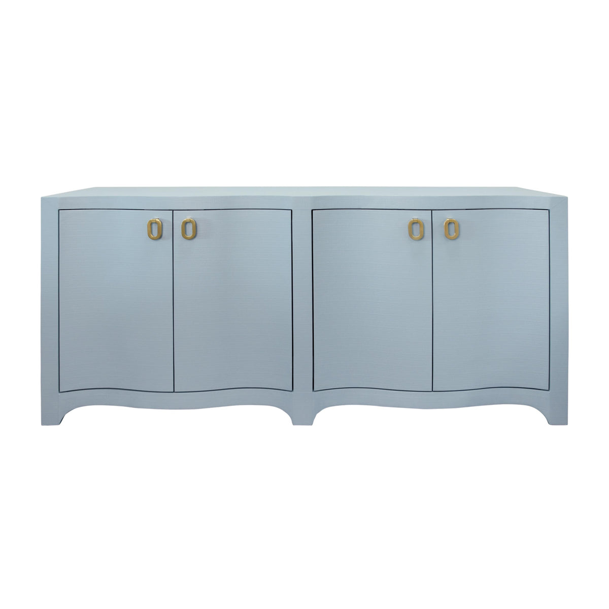 Worlds Away Curved Front Four Door Buffet In Textured Light Blue Linen With Satin Brass Ring Hardware
