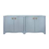 Worlds Away Curved Front Four Door Buffet In Textured Light Blue Linen With Satin Brass Ring Hardware