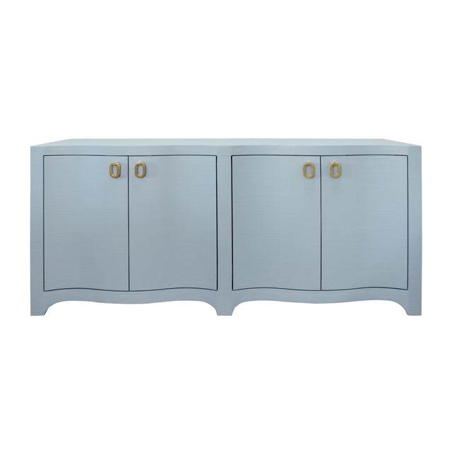 Worlds Away Curved Front Four Door Buffet In Textured Light Blue Linen With Satin Brass Ring Hardware