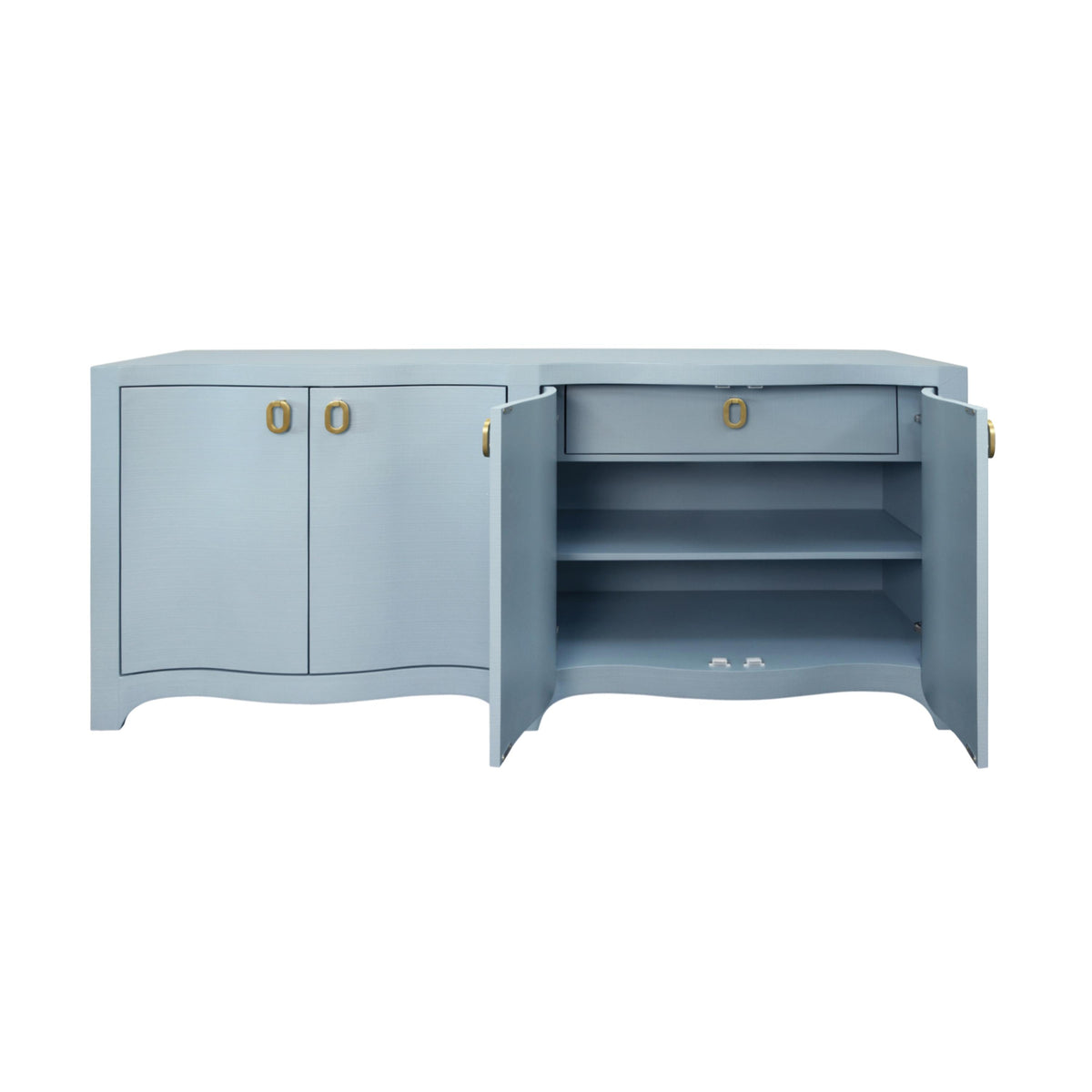 Worlds Away Curved Front Four Door Buffet In Textured Light Blue Linen With Satin Brass Ring Hardware