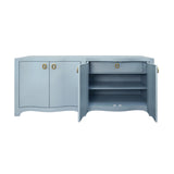 Worlds Away Curved Front Four Door Buffet In Textured Light Blue Linen With Satin Brass Ring Hardware