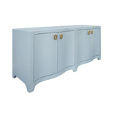 Worlds Away Curved Front Four Door Buffet In Textured Light Blue Linen With Satin Brass Ring Hardware