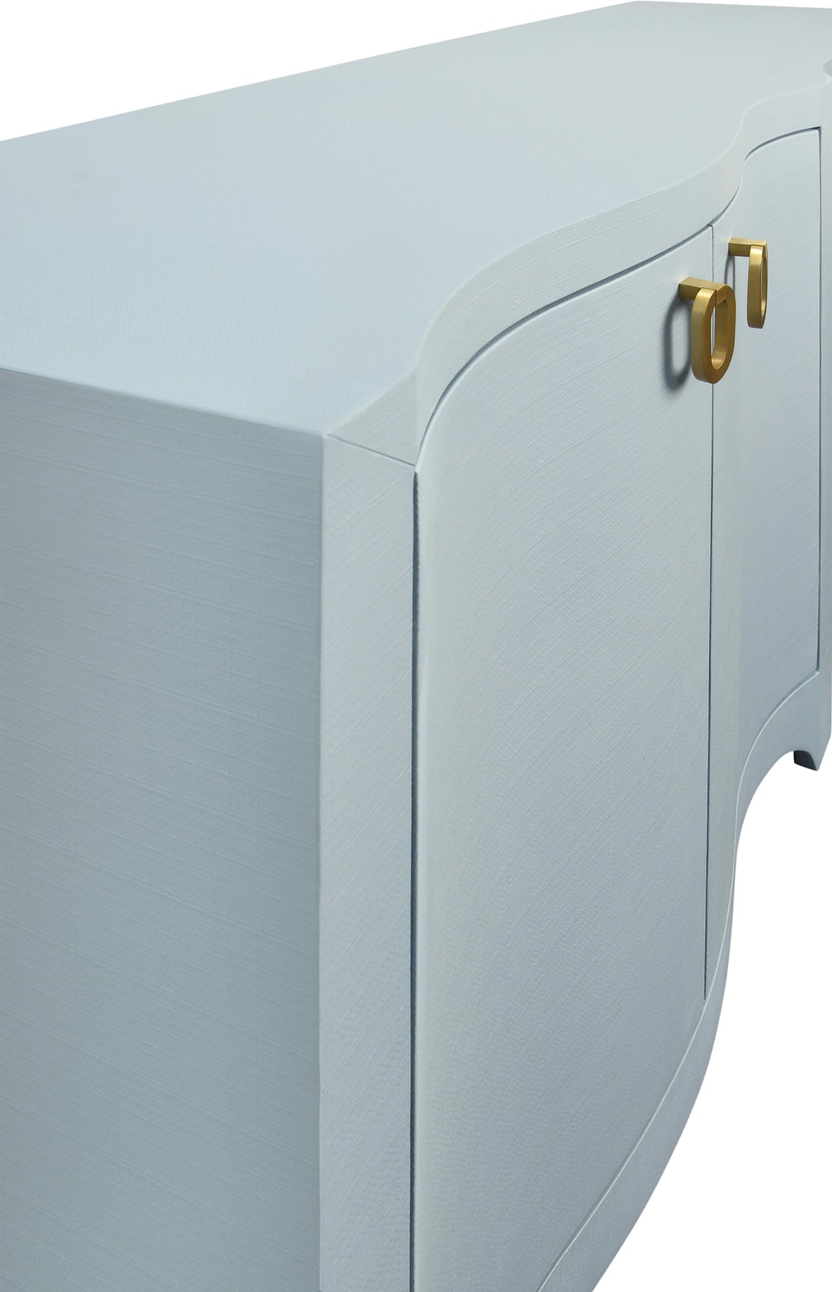 Worlds Away Curved Front Four Door Buffet In Textured Light Blue Linen With Satin Brass Ring Hardware