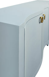 Worlds Away Curved Front Four Door Buffet In Textured Light Blue Linen With Satin Brass Ring Hardware