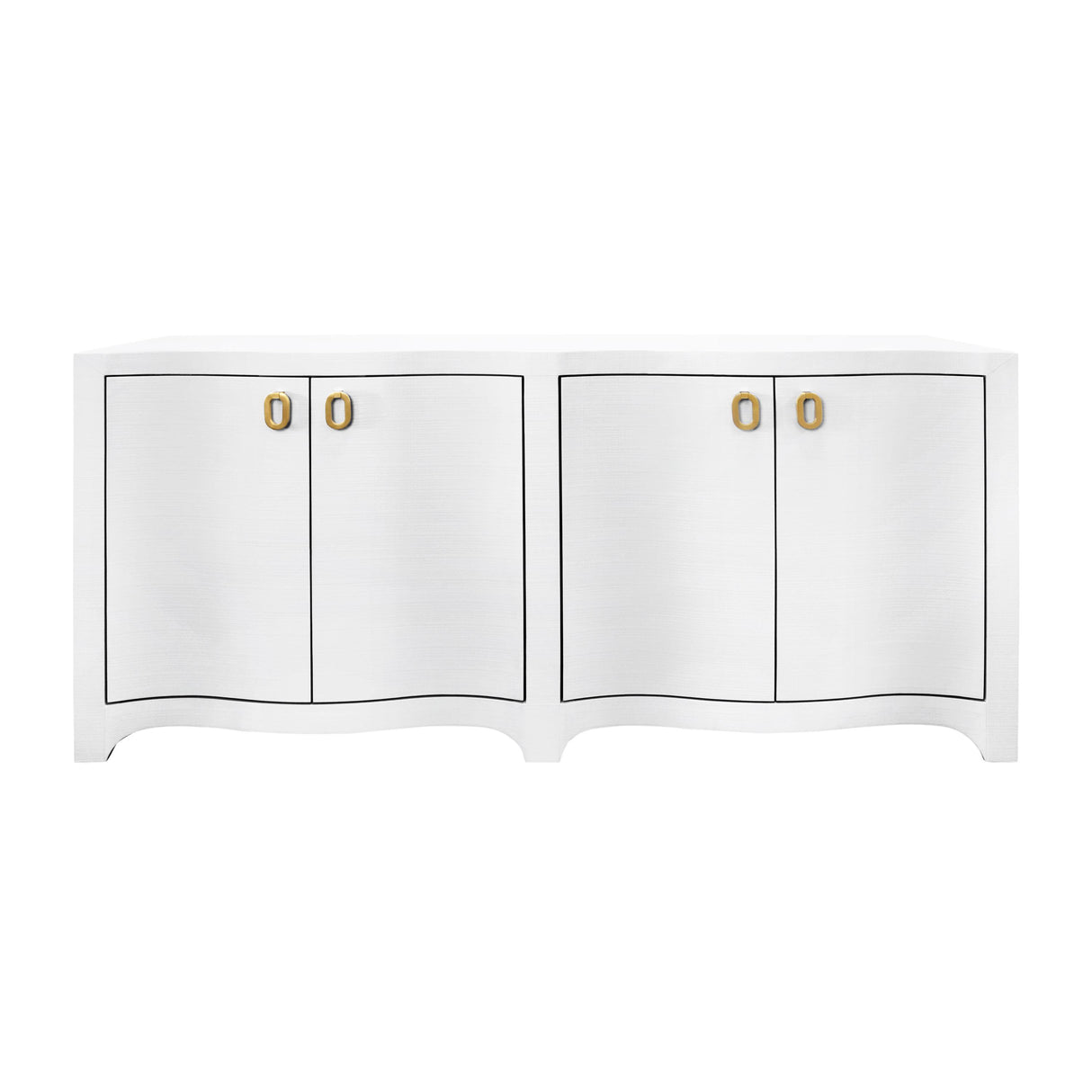 Worlds Away Curved Front Four Door Buffet In Textured White Linen With Satin Brass Ring Hardware