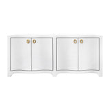 Worlds Away Curved Front Four Door Buffet In Textured White Linen With Satin Brass Ring Hardware
