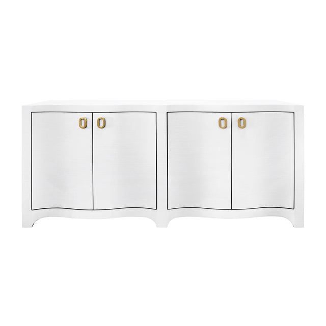 Worlds Away Curved Front Four Door Buffet In Textured White Linen With Satin Brass Ring Hardware