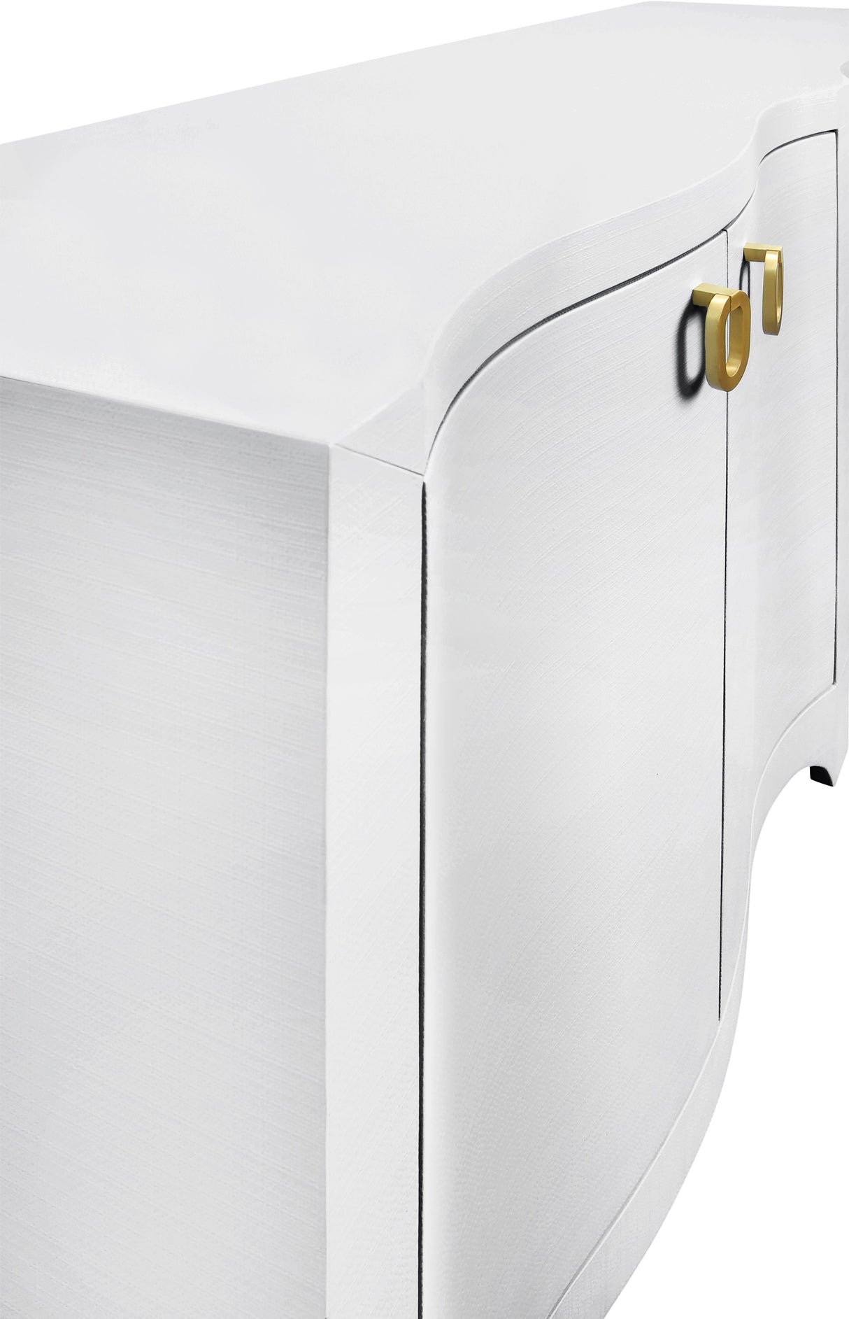 Worlds Away Curved Front Four Door Buffet In Textured White Linen With Satin Brass Ring Hardware