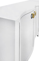 Worlds Away Curved Front Four Door Buffet In Textured White Linen With Satin Brass Ring Hardware