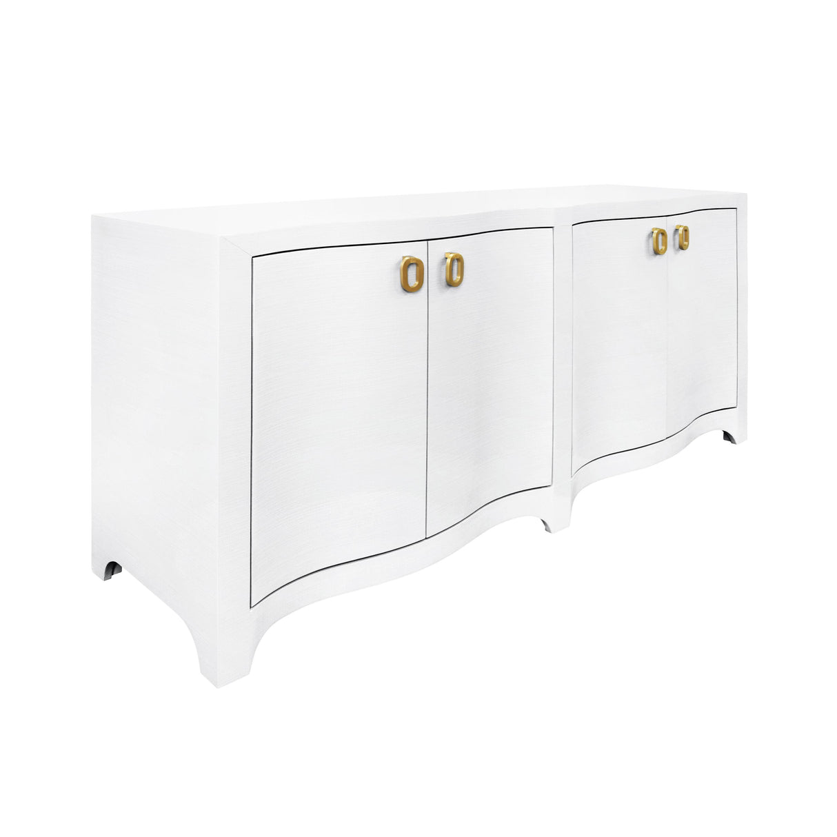 Worlds Away Curved Front Four Door Buffet In Textured White Linen With Satin Brass Ring Hardware
