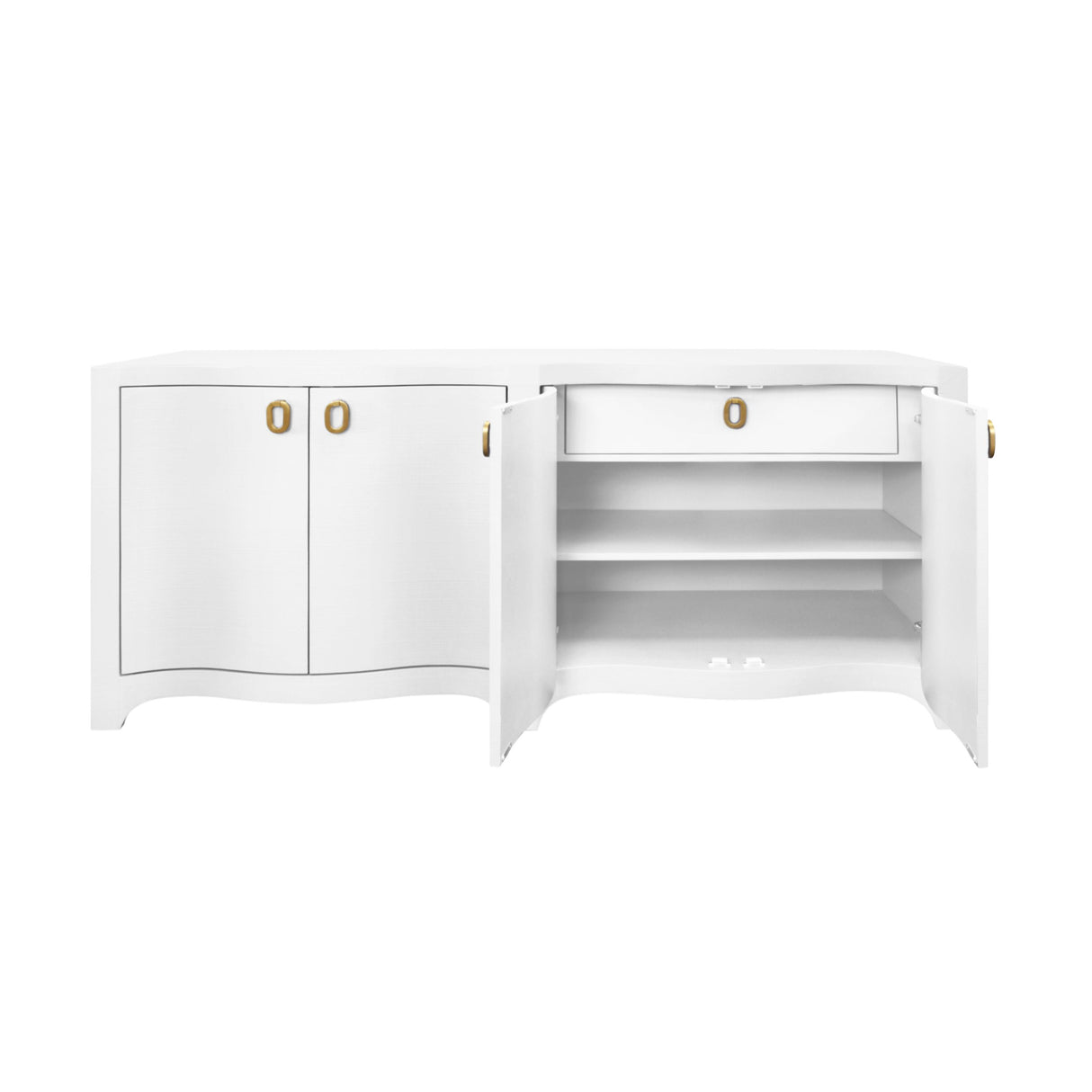 Worlds Away Curved Front Four Door Buffet In Textured White Linen With Satin Brass Ring Hardware