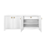 Worlds Away Curved Front Four Door Buffet In Textured White Linen With Satin Brass Ring Hardware