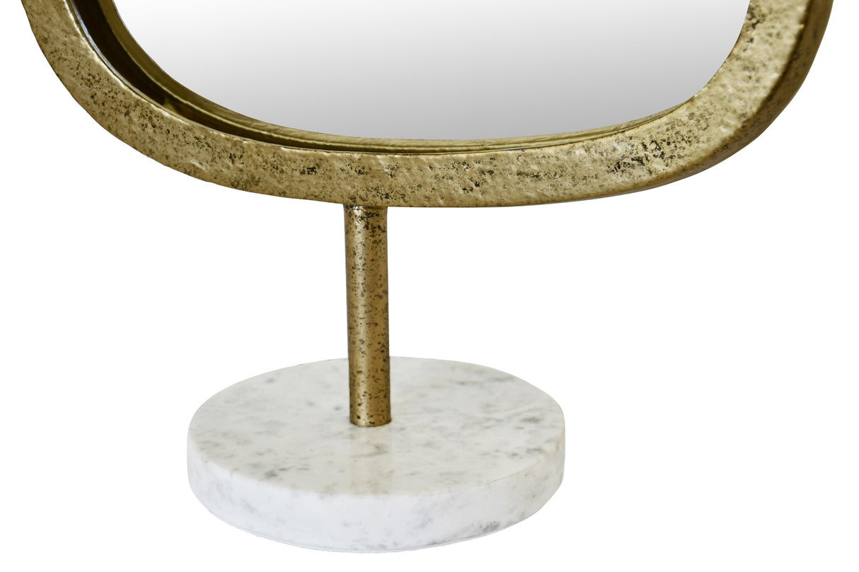 Worlds Away Iron Tabletop Mirror In Aged Gold Finish On White & Grey Marble Base