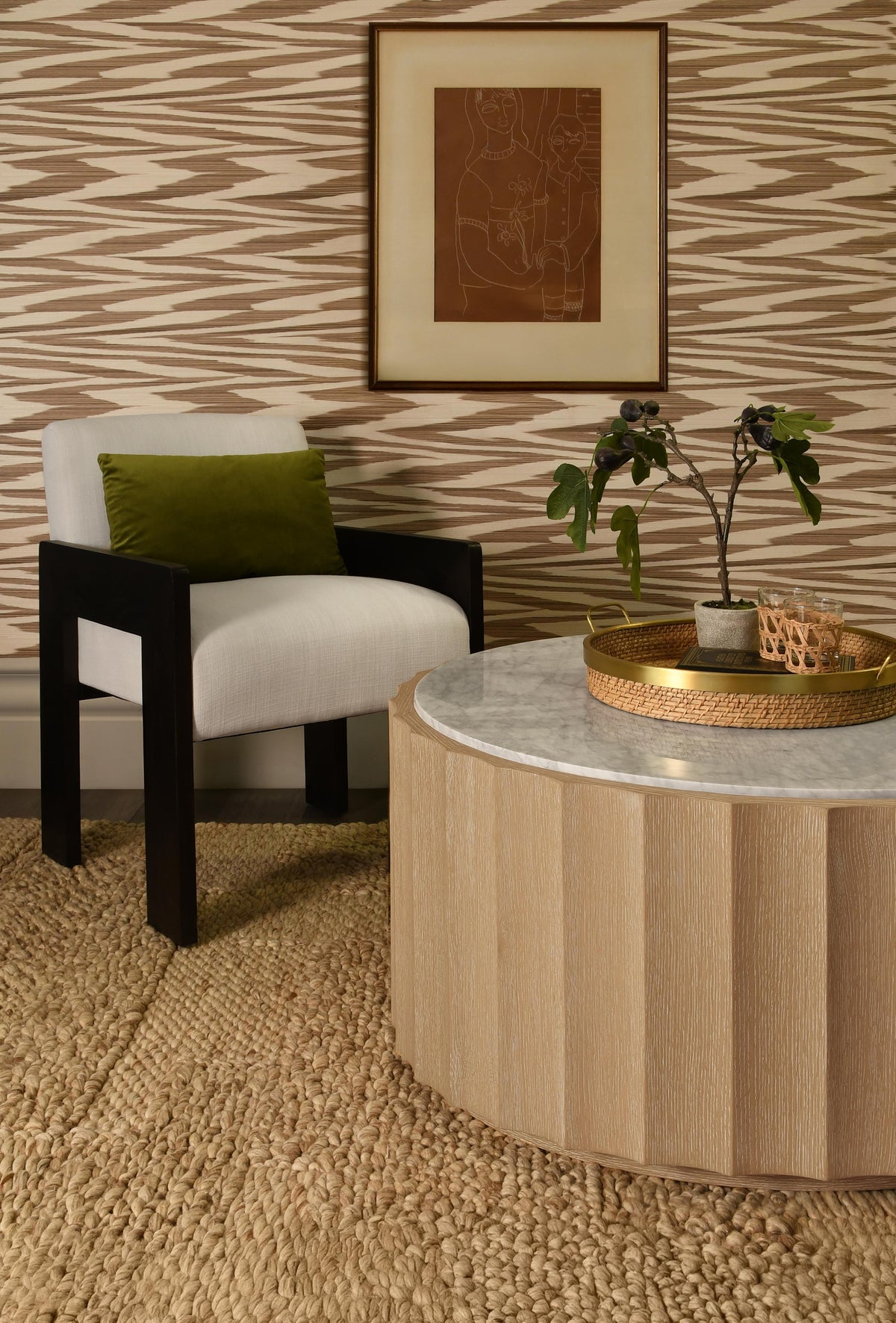 Worlds Away Round Coffee Table With Fluted Detail In Cerused Oak With White Carrara Marble Top