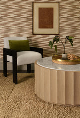 Worlds Away Round Coffee Table With Fluted Detail In Cerused Oak With White Carrara Marble Top