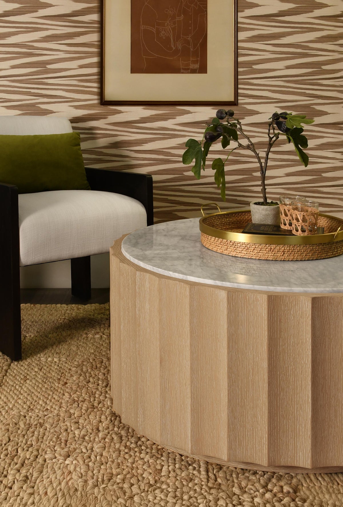 Worlds Away Round Coffee Table With Fluted Detail In Cerused Oak With White Carrara Marble Top